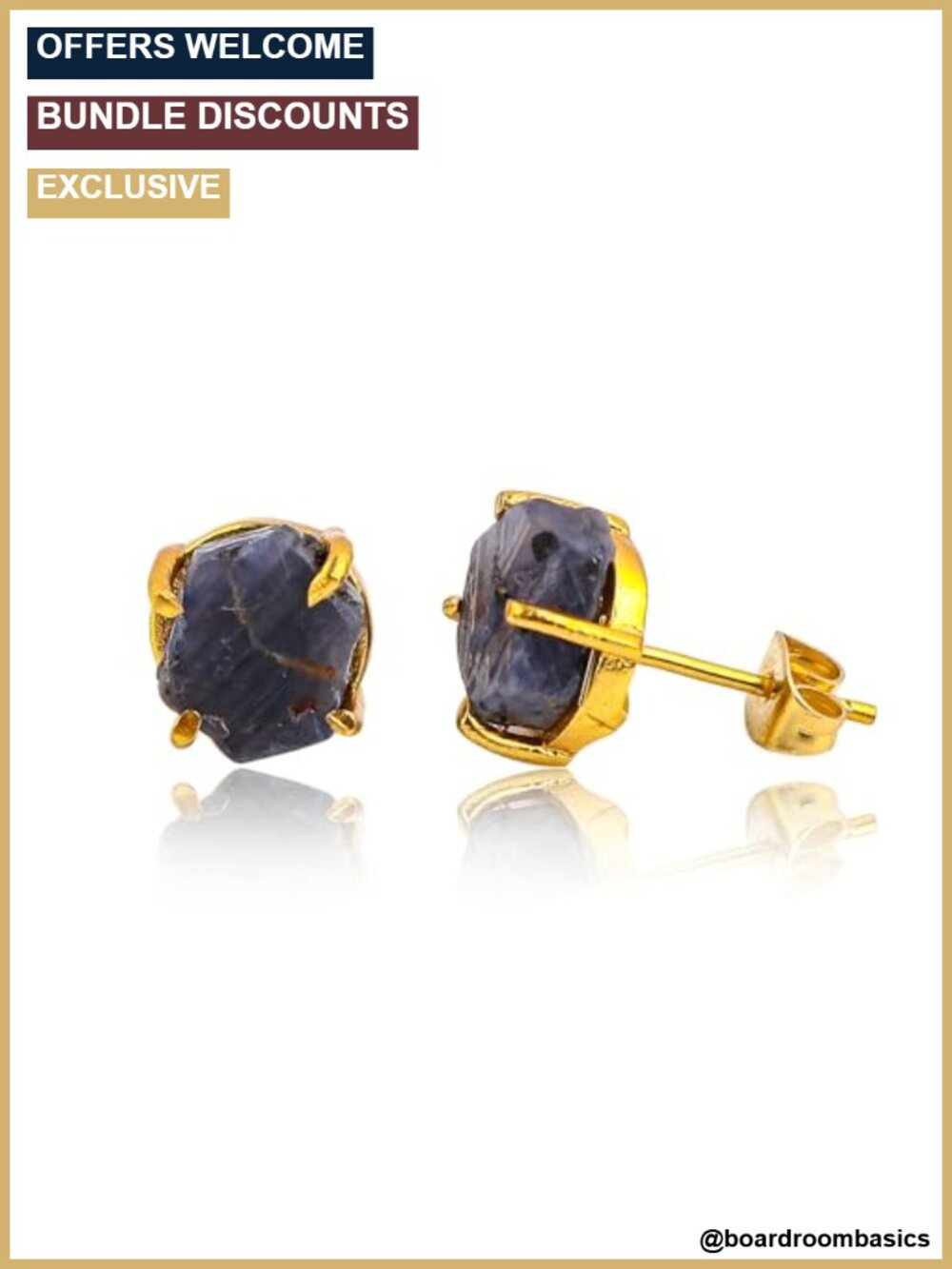 Natural Raw Blue Sapphire Crystal Stud Earrings Gold Plated Hypoallergenic